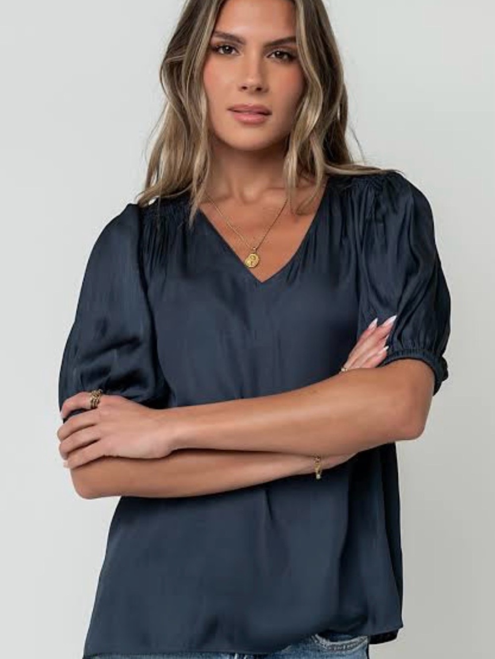 Bohme Navy V-Neck Puff Sleeve Blouse xs